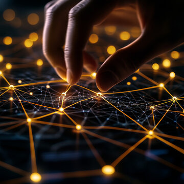 A hand touches the computer science network, connecting algorithms, data structures, programming languages, computer architecture, networks, software engineering, cybersecurity, and machine learning.