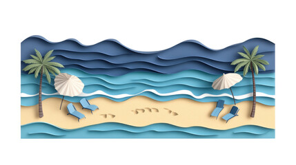 Paper style summer beach background with ocean waves and tropical elements isolated on white background
