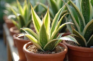 Obraz premium Sansevieria Guineensis Variegata plant in nursery pots. Close-up shows the striped, green and yellow leaves. Evergreen succulent houseplant. Beautiful ornamental decoration.