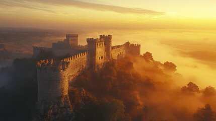 Fototapeta premium majestic stone fortress overlooks foggy valley at sunrise, creating serene atmosphere