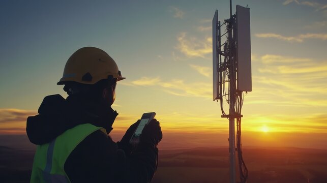 Safety Gear for Examining 5G Antenna at Golden Hour