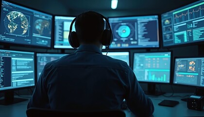 Cybersecurity specialist working on multiple computer monitors. Man in headphones analyzes data, codes in office environment. Digital security expert with system, network protection, threat
