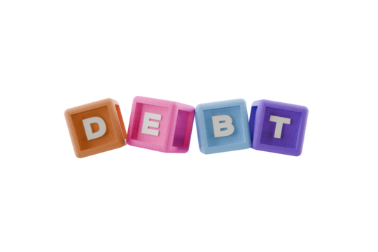 3d play cubes spelling the word debt, transparent background