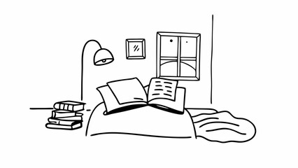 Illustration of a cozy room with a bed, books, lamp, window, and picture frame drawn in black lines created with generated ai
