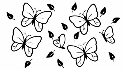 Black and white butterflies and leaves scattered across a white background in a simple drawing style created with generated ai