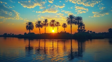 Sunrise over a river with palm trees.