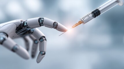 Close-up of a robotic finger making contact with a syringe in a sterile clinical environment, merging AI and medicine