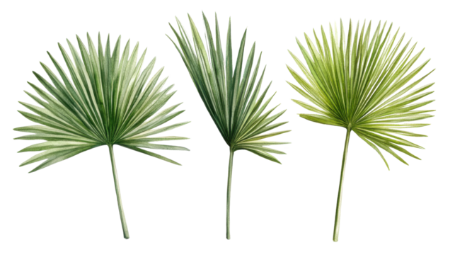 Palm leaves set in watercolor style painted green foliage isolated on white background