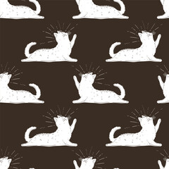 Seamless pattern with a cat on a dark background. The cat is lying. Silhouette and outline