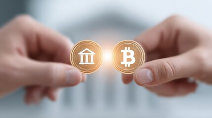 Digital hands exchanging virtual currency in front of a glowing bank hologram