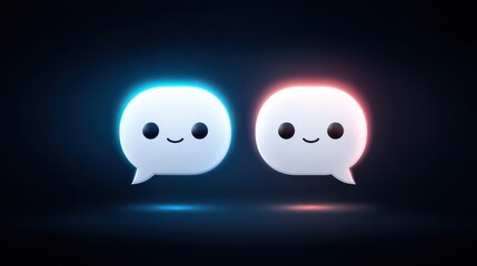 Obraz premium Learning and communication between AI or Chatbots. Two glowing chatbot avatars facing each other with speech bubbles made of light between them.