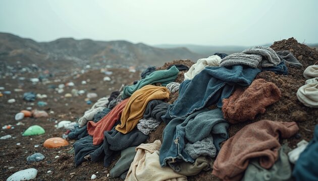 Pile discarded clothing landfill representing textile waste. Environmental impact of fashion. Clothing heap, dump of trash in nature. Waste disposal issues, ecology concerns in industry.