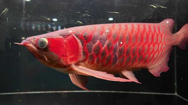 4k video footage of Super Red Arowana fish swim inside the aquarium.