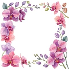 Fototapeta premium Blooming Orchid Watercolor Border Frame on White Background