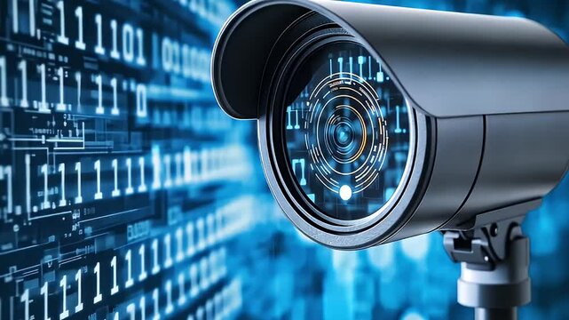 Black Security Camera with Blue Digital Data Background in Close Up View