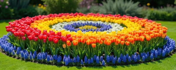 Circular flowerbed design. Colorful tulips hyacinths mix in concentric circles. Spring garden landscape. Bright colors, ornamental plants. Outdoors botany.