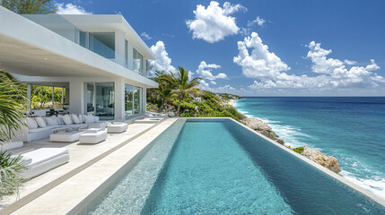 Fototapeta premium Luxurious beach house with stunning ocean view and modern swimming pool