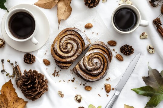 Autumnal breakfast scene with cinnamon rolls and coffee - Powered by Adobe
