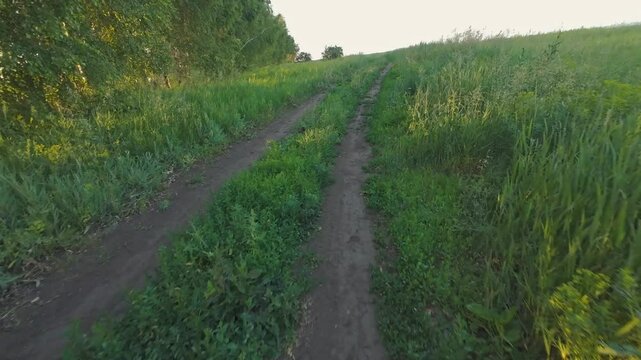 Riding on a dirt country road in summer in a field at sunset