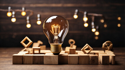 Lightbulb and Wooden Blocks with Innovative Ideas for Creativity
