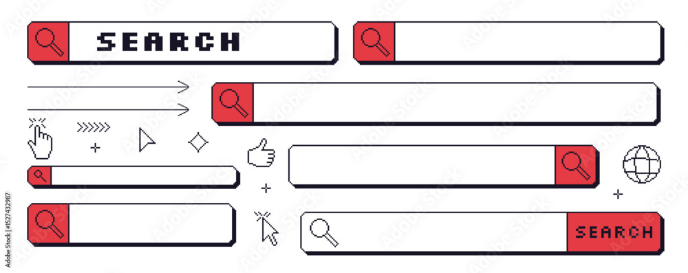 Poster search bar pixel art set. 8bit web browser elements collection. retro internet find shapes. cursor, 