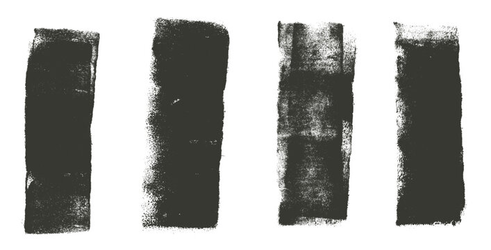 Straight thick grunge underlines. Linocut rolled brush stroke set. Handmade ink rectangle rough stamps. Vector black paint lines shapes. Dry marker or brayer smear textures. Distressed figures.