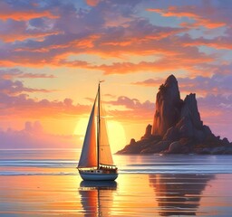 Illustration of sailboat yaht in calm ocean with island and sunrise.
