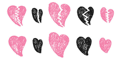 Broken hearts crayon drawn set. Breakup marker doodles isolated on white background. Love naive hand drawn painting elements. Vector pink and black colors pencil illustration.