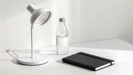 White desk lamp water bottle and black notebook