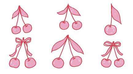 Cherry crayon drawn set. Coquette red and pink stroke berries with bows and leaves doodle isolated on white background. Fruits grunge textured elements. Vector kid naive illustration by pencil.