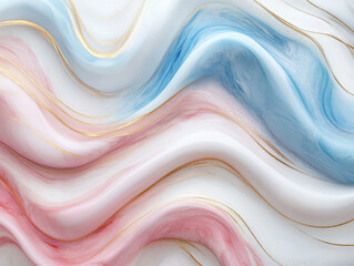 Abstract art with flowing pastel waves in pink, blue, and white, accented by elegant gold lines, creating serene and luxurious feel