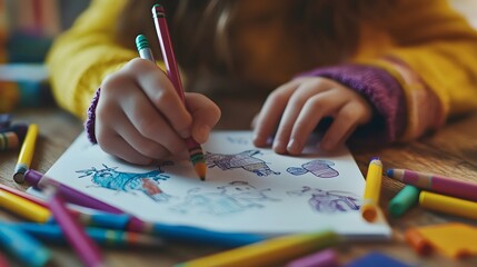 Naklejka premium close-up of a child's hands drawing with crayons on a coloring book, scattered art supplies on the table 