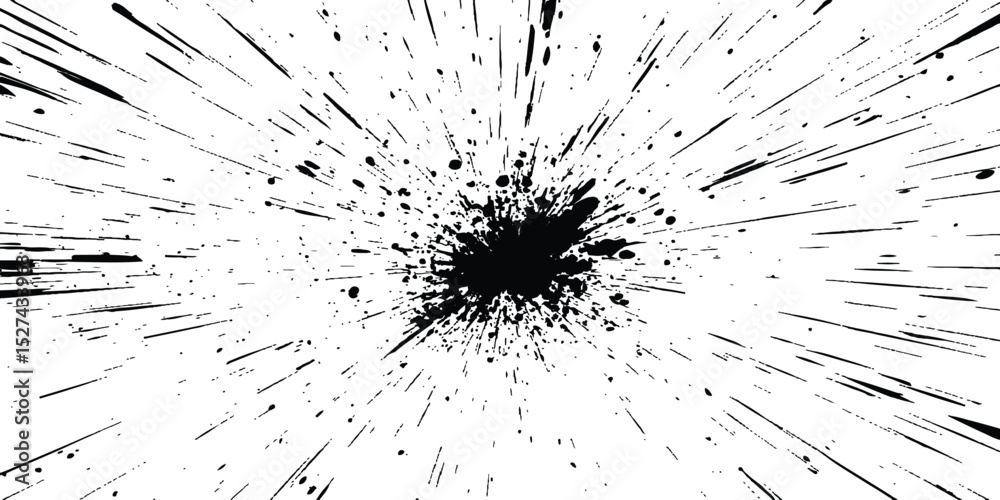 Poster Dynamic charcoal burst explosion, isolated on transparent background. Abstract explosion, radial burst of ink splatter effect.