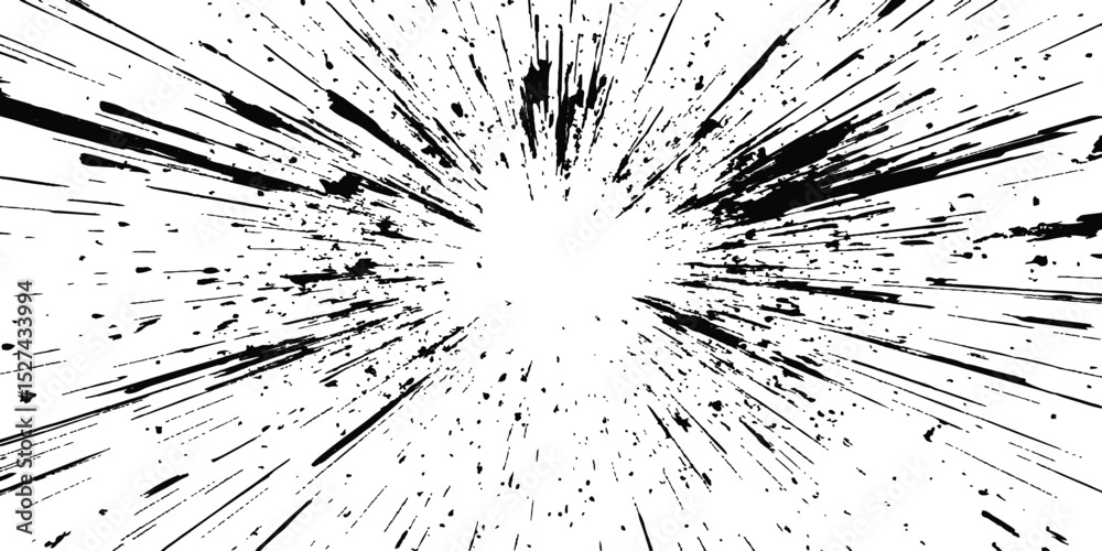 Poster Dynamic charcoal burst explosion, isolated on transparent background. Abstract explosion, radial burst of ink splatter effect.