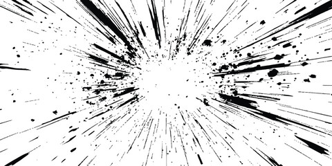 Dynamic charcoal burst explosion, isolated on transparent background. Abstract explosion, radial burst of ink splatter effect.