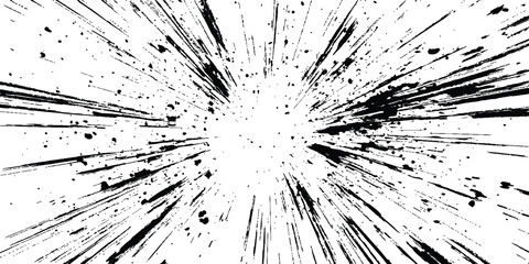 Dynamic charcoal burst explosion, isolated on transparent background. Abstract explosion, radial burst of ink splatter effect.