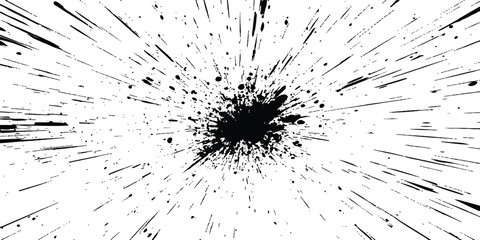 Dynamic charcoal burst explosion, isolated on transparent background. Abstract explosion, radial burst of ink splatter effect.