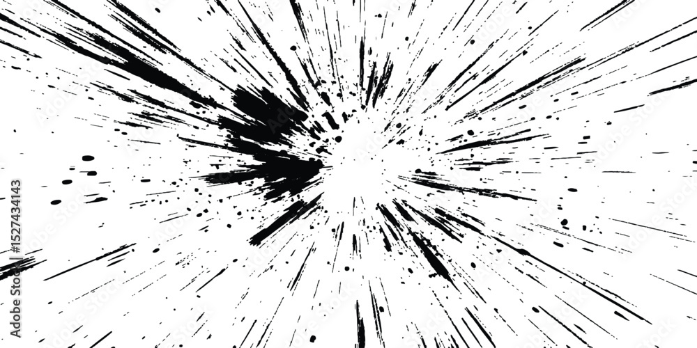 Poster Abstract explosion, radial burst of ink splatter effect. isolated on white background. Black ink splatter creates abstract background with dynamic energy.