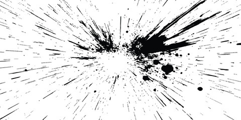 Abstract explosion, radial burst of ink splatter effect. isolated on white background. Black ink splatter creates abstract background with dynamic energy.