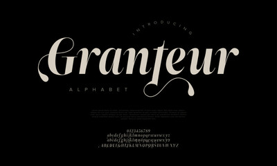High-end serif display font with graceful tails and flourishes, ideal for fashion and luxury branding