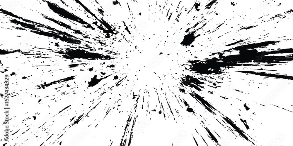 Poster Abstract explosion, radial burst of ink splatter effect. isolated on white background. Black ink splatter creates abstract background with dynamic energy.