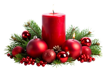 Red Christmas Candle with Baubles Decoration Isolated, isolated on white. Generative AI