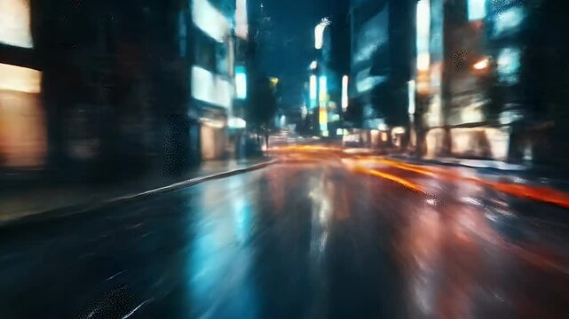 Abstract Cityscape at Night with Blurred Traffic Lights Reflecting on Wet Asphalt in Dim Lighting optimized for Adobe Stock