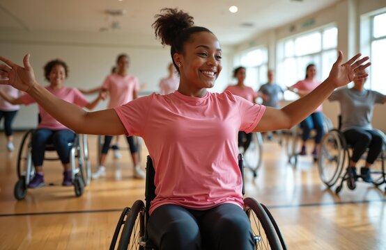 Adaptive dance class students wheelchair smiling with arms outstretched in studio. Inclusive exercise, movement, activity, community, support group for people with disabilities. Focus on health, - Powered by Adobe