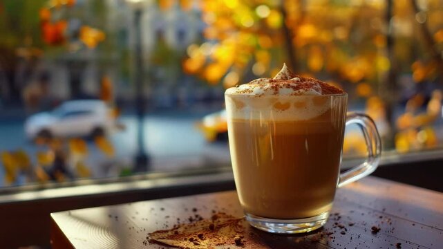 Creamy latte art with autumn leaves in a cozy cafe setting during the golden hour