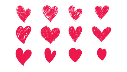Collection of hand drawn pink scribble hearts. love signs for valentine day. set of unique hand drawn hearts. doodle of heart set for valentine's day