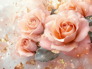 Soft pink roses with delicate petals are surrounded by shimmering gold accents, creating elegant and romantic atmosphere. floral arrangement exudes sense of luxury and beauty