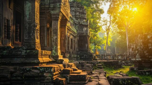 Sunlit ancient stone temple ruins, overgrown with lush vegetation