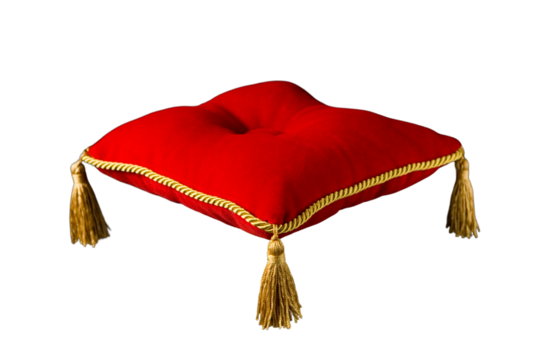 A red square pillow with gold trim and tassels isolated on a black background in a studio shot