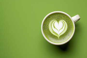 Flat lay of vibrant matcha latte with detailed latte art on a trendy grape green background.  aesthetic ideal for café branding, social media, or wellness product promotion. web banner flyer